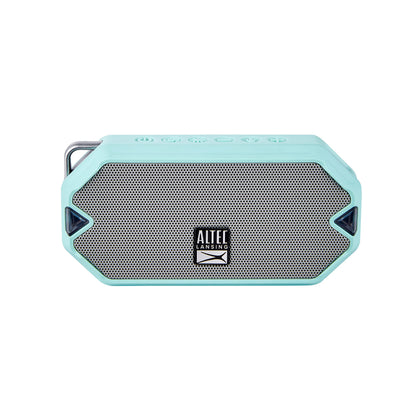 Altec Lansing HydraMini front view showing compact speaker and mint finish, portable enjoyment