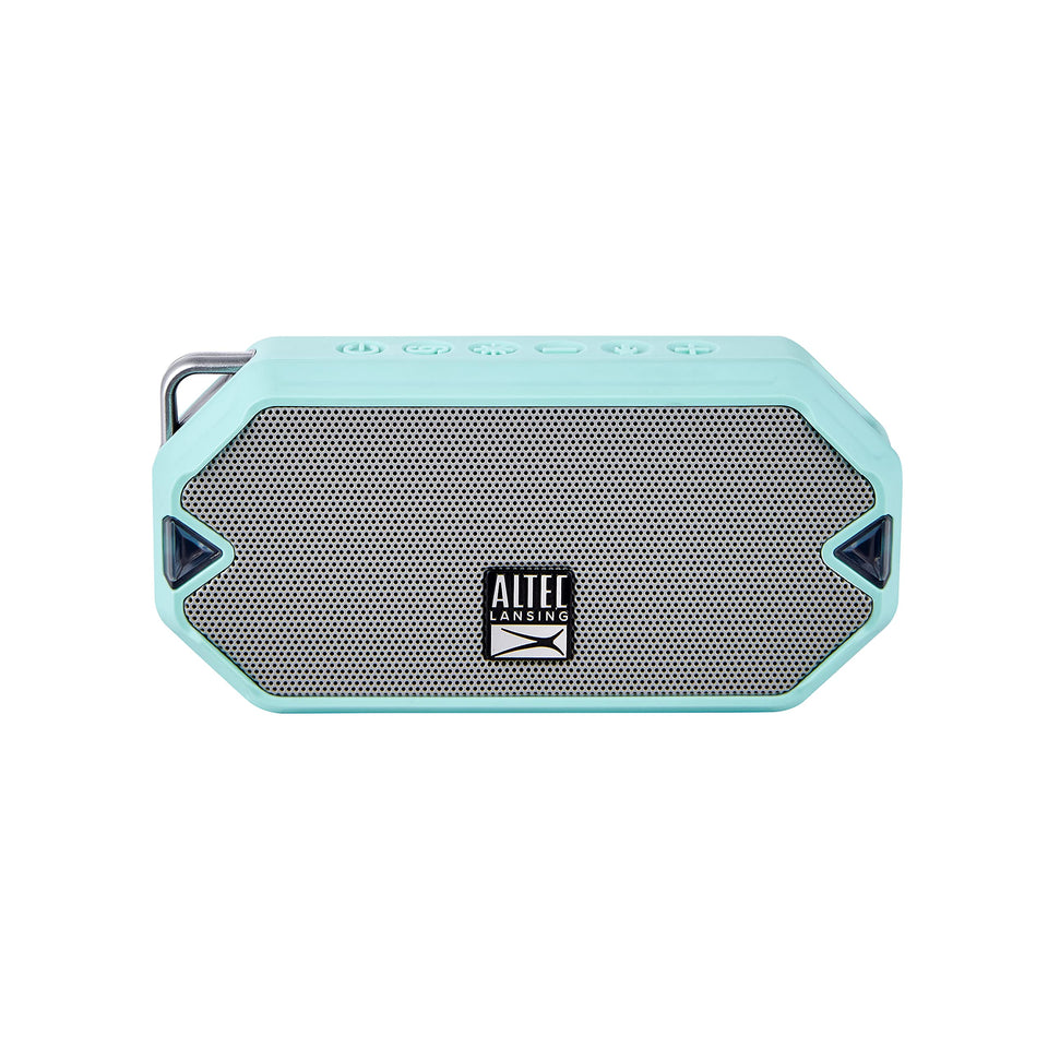 Altec Lansing HydraMini front view showing compact speaker and mint finish, portable enjoyment