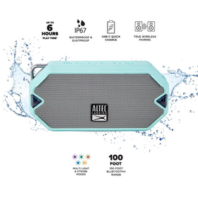 Altec Lansing HydraMini clipped with carabiner to bag, secure carry on the go