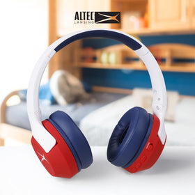 Altec Lansing child using headphones on trip showing ANC focus and calm