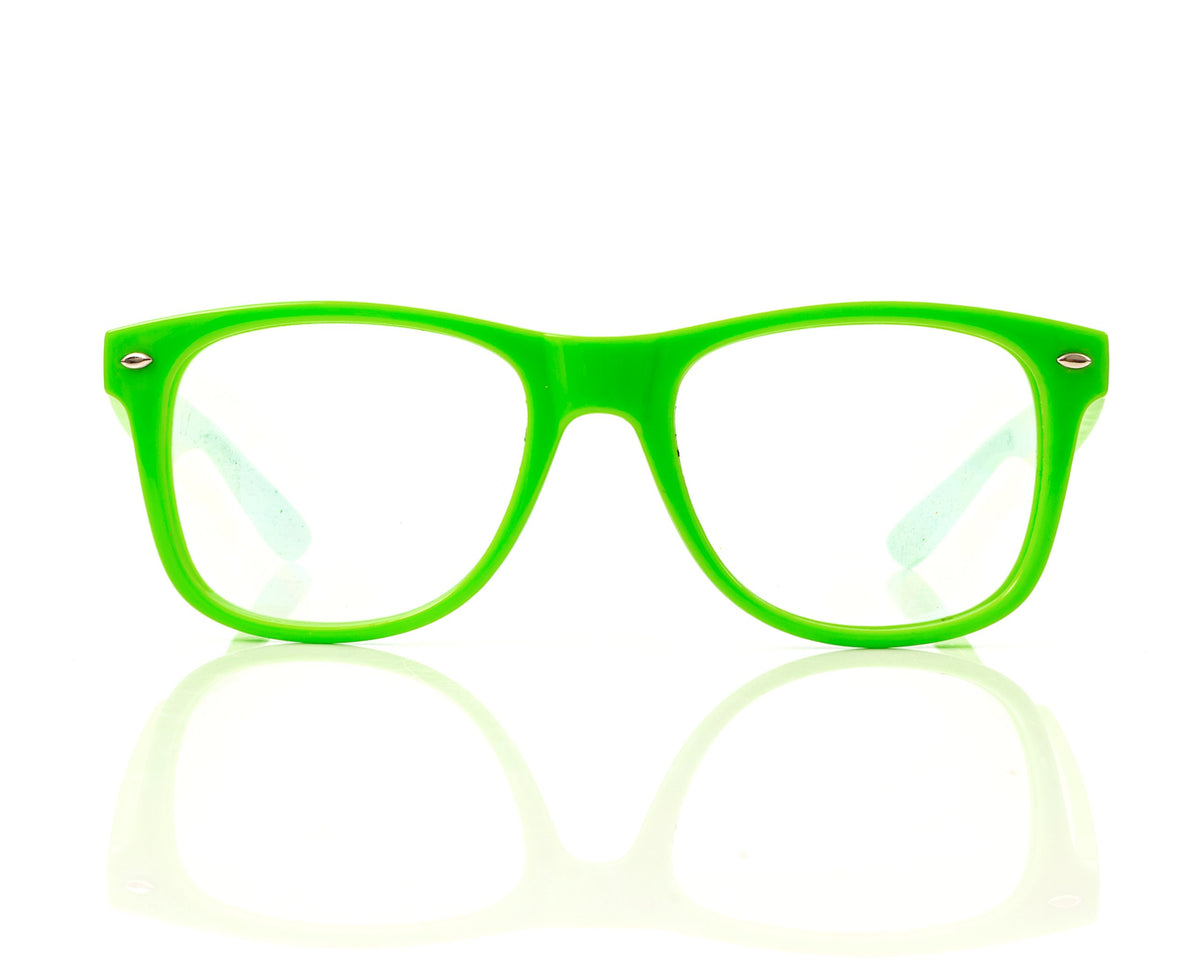 Alternative Imagination neon green glasses front view showing spiral effect and festival-ready style