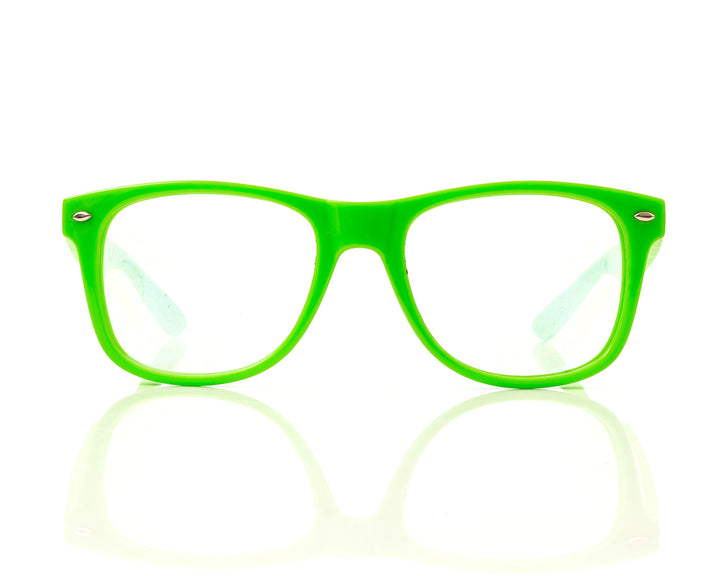Alternative Imagination neon green glasses front view showing spiral effect and festival-ready style