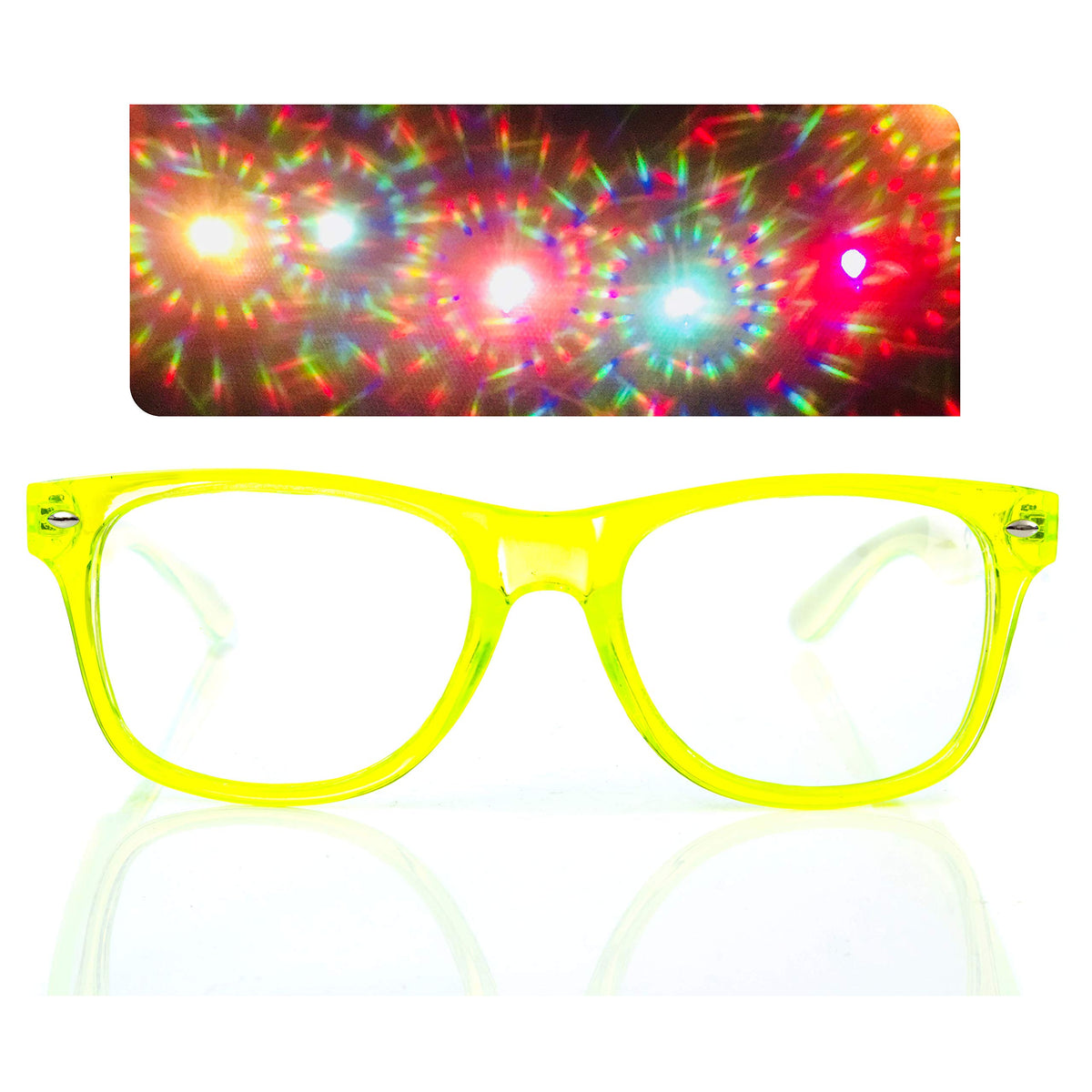 Alternative Imagination spiral diffraction glasses with a transparent green frame glow with LEDs.