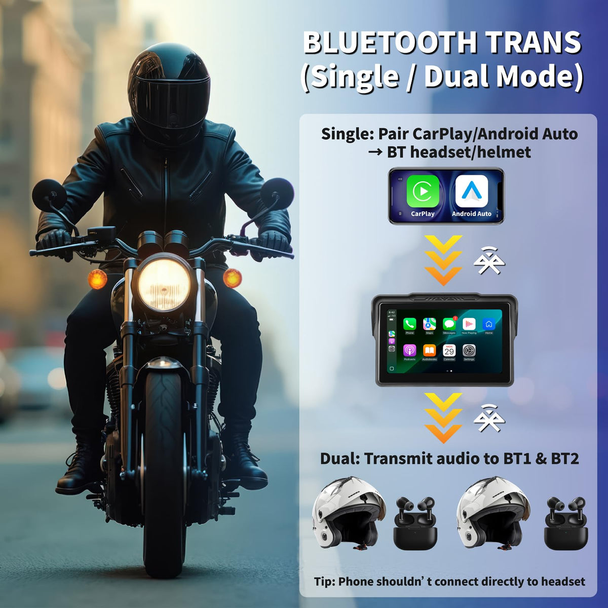 Alvoryn paired helmets showing dual Bluetooth audio for rider and passenger