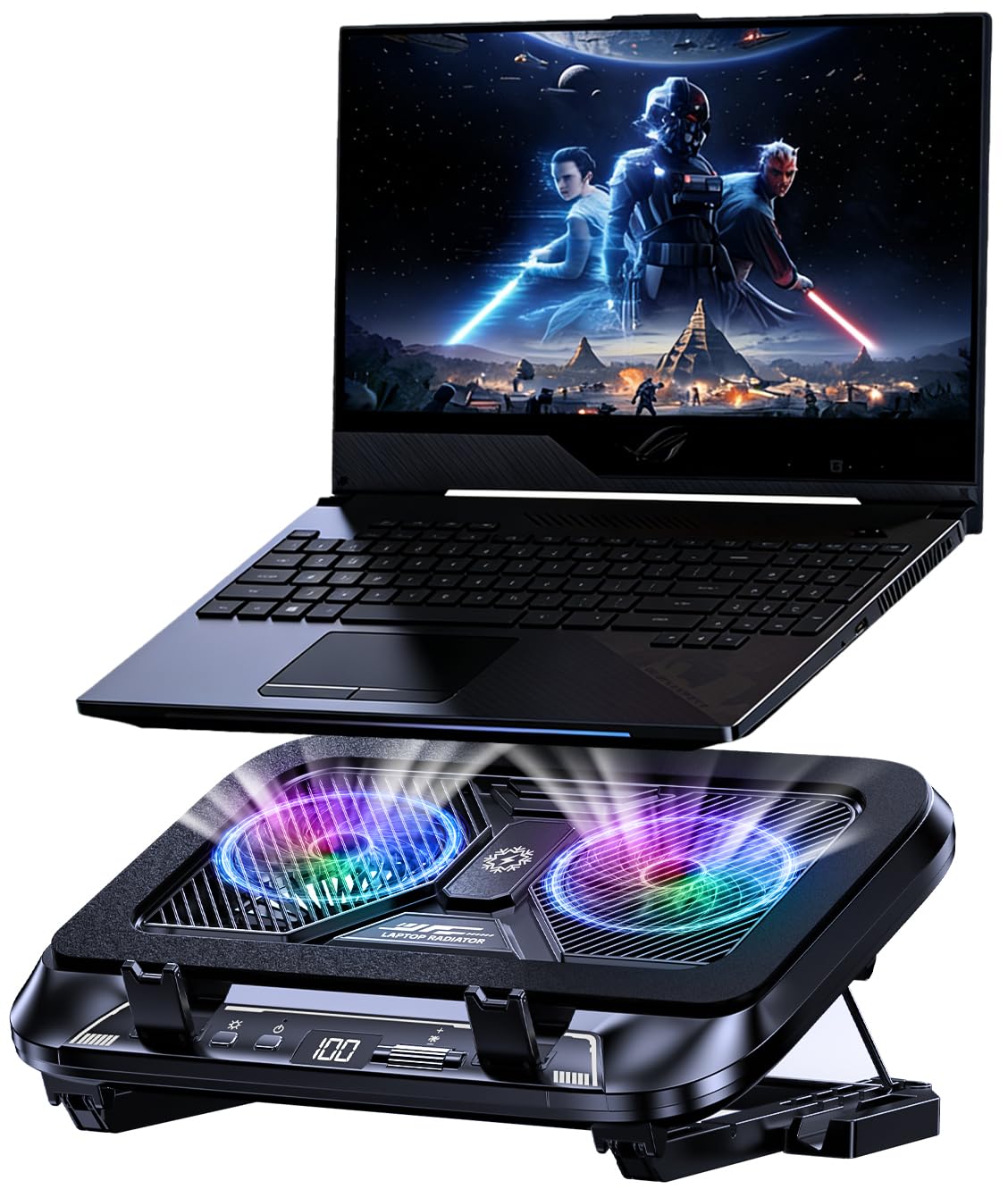 ALYNIC front view with laptop mounted showing stable grip and airflow benefit