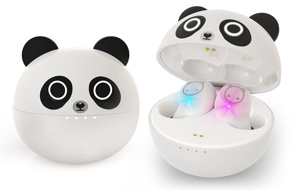 AMAFACE Panda earbuds in charging case ready to pair for quick use