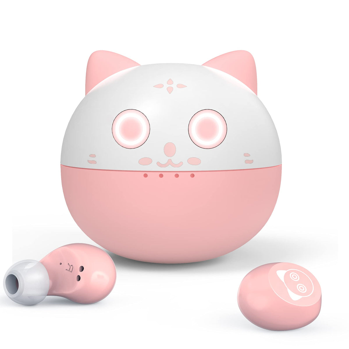 AMAFACE pink earbuds with open charging case showing cat design for on-the-go listening
