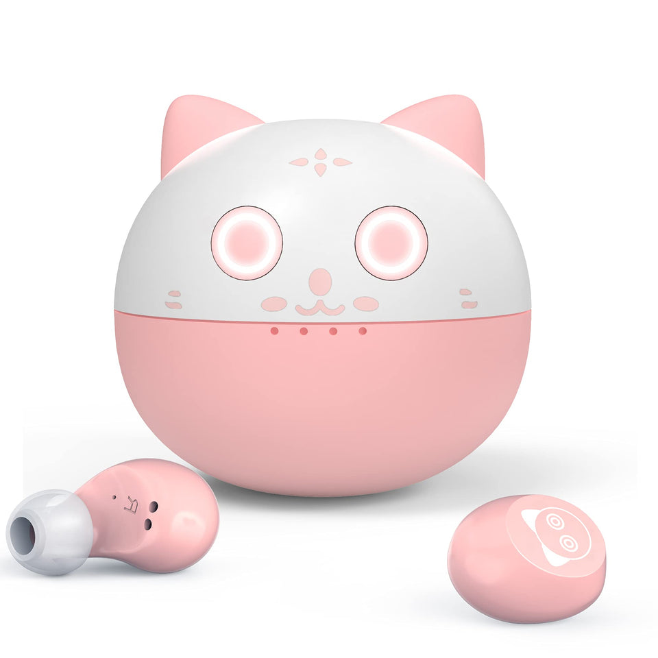 AMAFACE pink earbuds with open charging case showing cat design for on-the-go listening