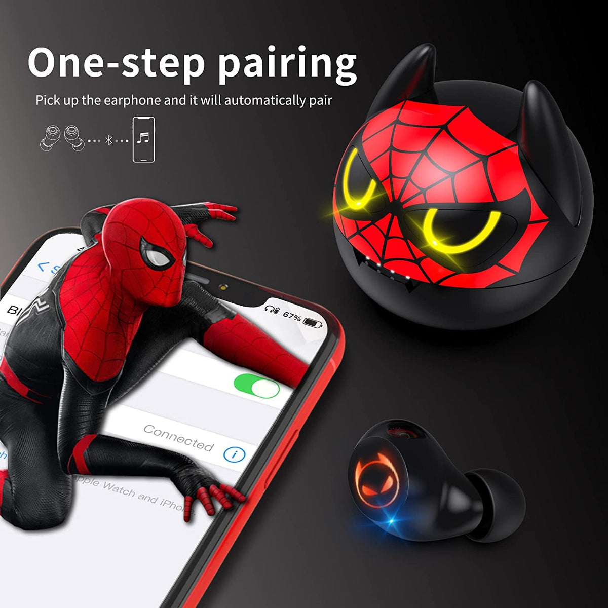 AMAFACE earbuds showing smart touch controls for play, pause, and volume