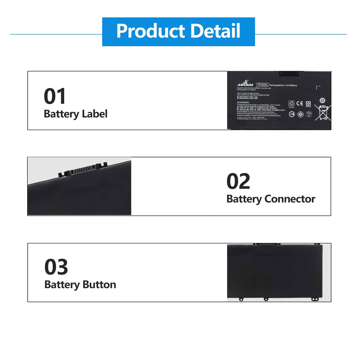 Amanda TF03XL battery label detail highlighting capacity and voltage