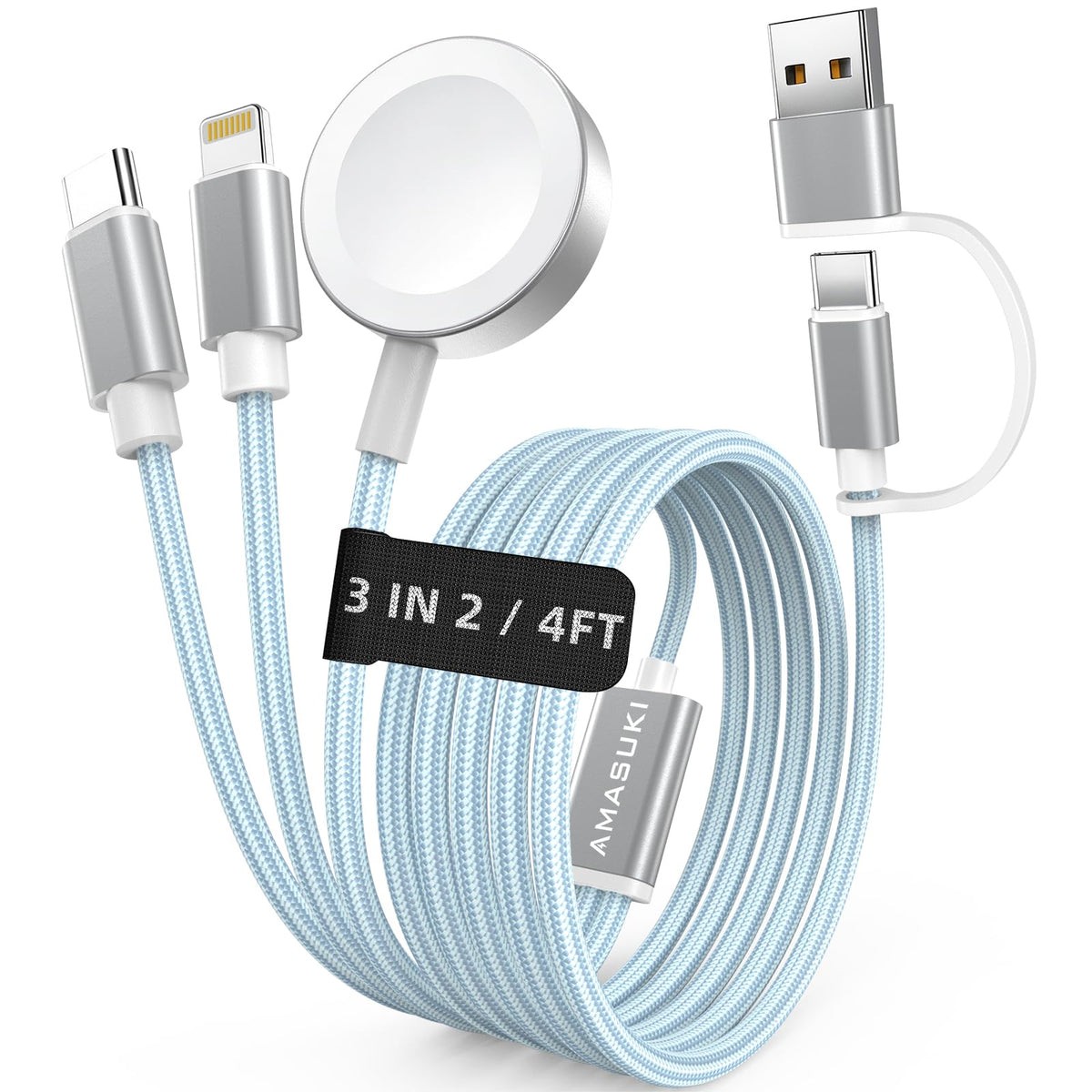AMASUKI 3-in-2 USB-C cable powering iPhone and Apple Watch during travel.