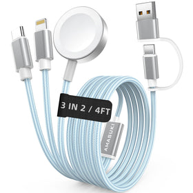 AMASUKI 3-in-2 USB-C cable powering iPhone and Apple Watch during travel.