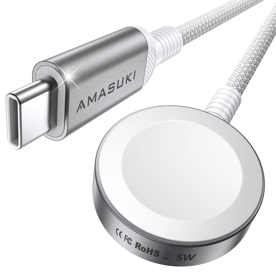 Amasuki 5W Apple Watch charger with magnetic alignment enabling quick, reliable power delivery.
