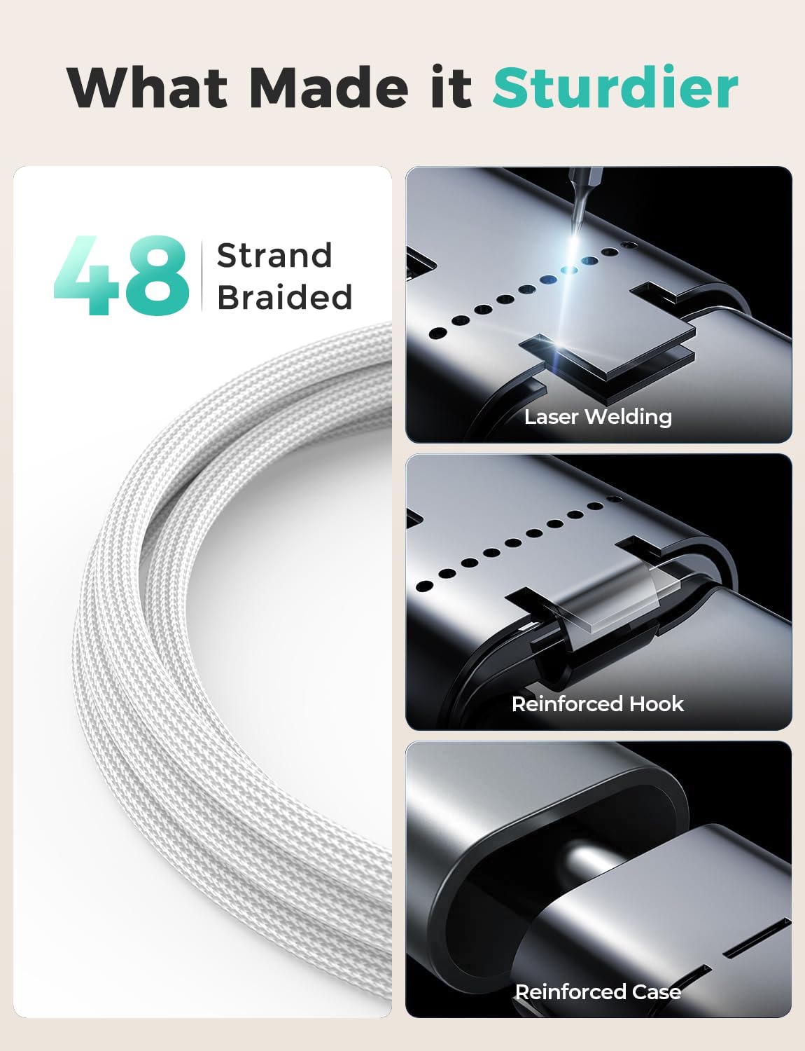 Close-up of the nylon-braided cord with a sandblasted aluminum shell for durability.