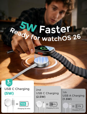 Amasuki charging dock showing USB-C port for convenient Apple Watch power.