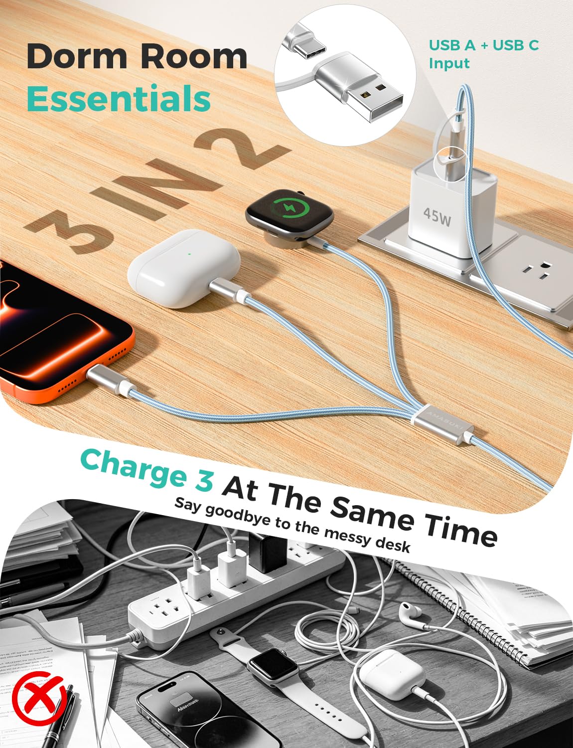 AMASUKI Apple Watch and iPhone charger with magnetic dock.
