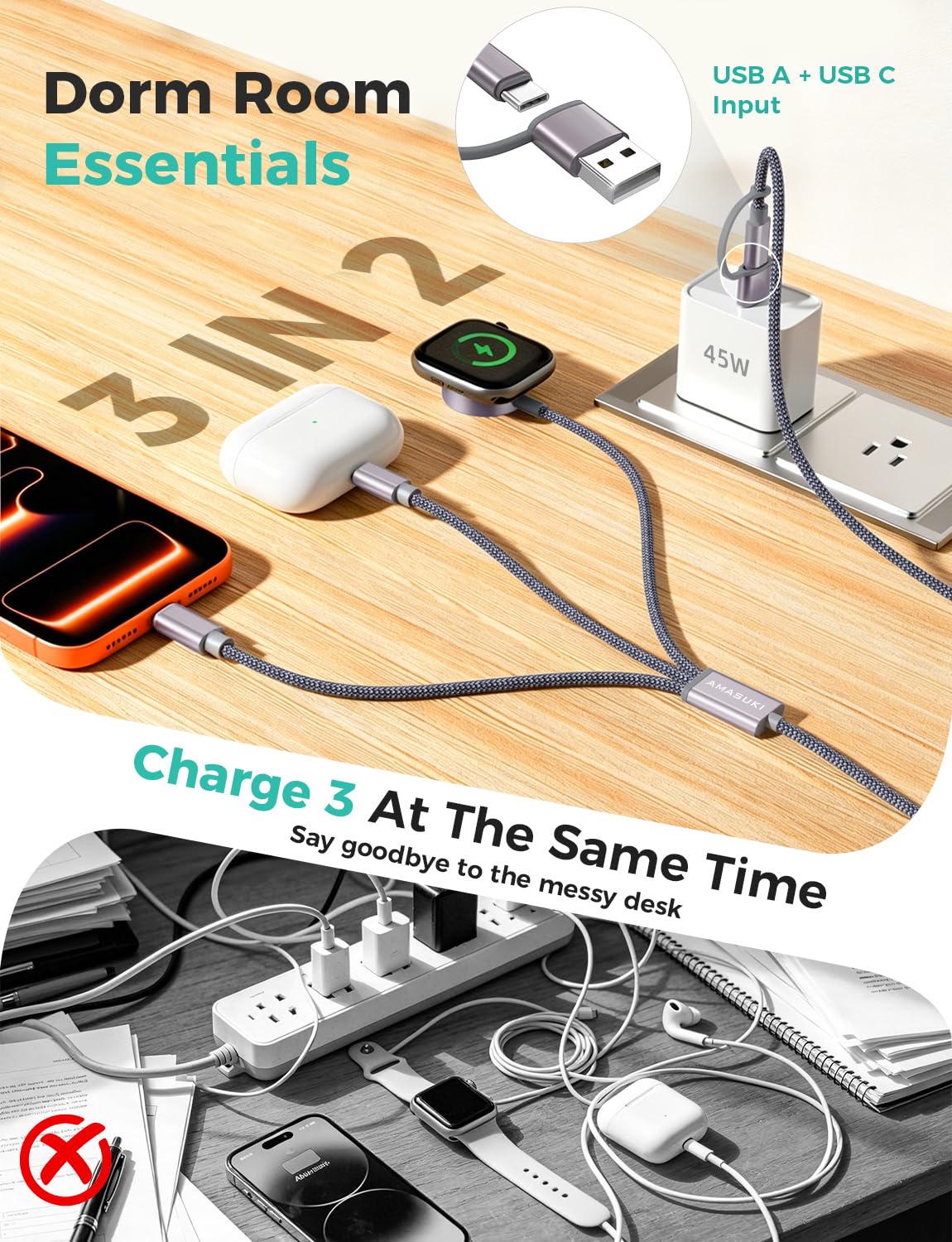 Amasuki Apple Watch and iPhone multi-charger with USB-C versatility.