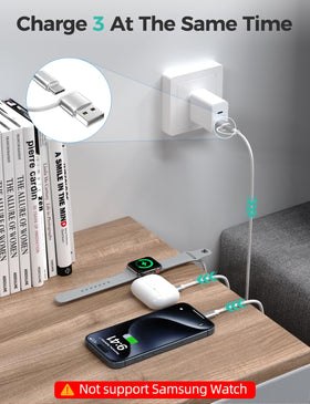 Amasuki cable powering Apple Watch and iPhone simultaneously.