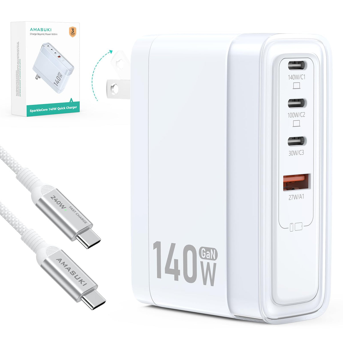 Amasuki SparkleCore front angle showing compact charger and ports, highlights space saving