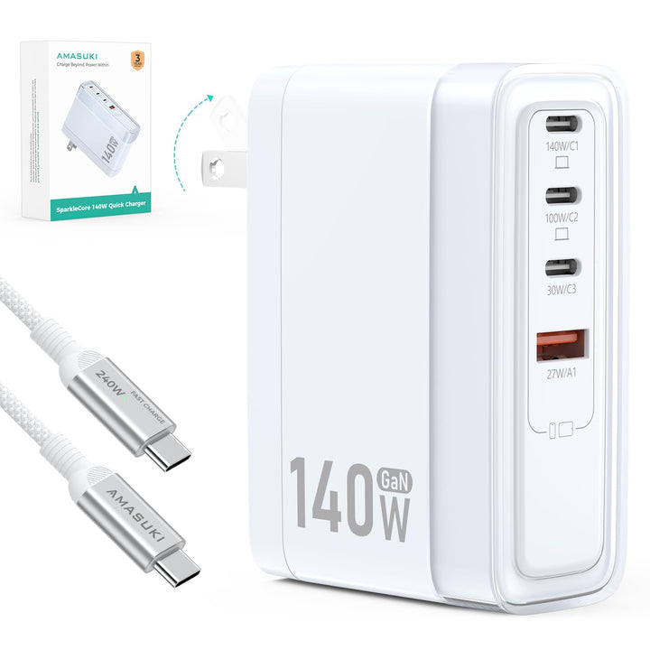 Amasuki SparkleCore front angle showing compact charger and ports, highlights space saving