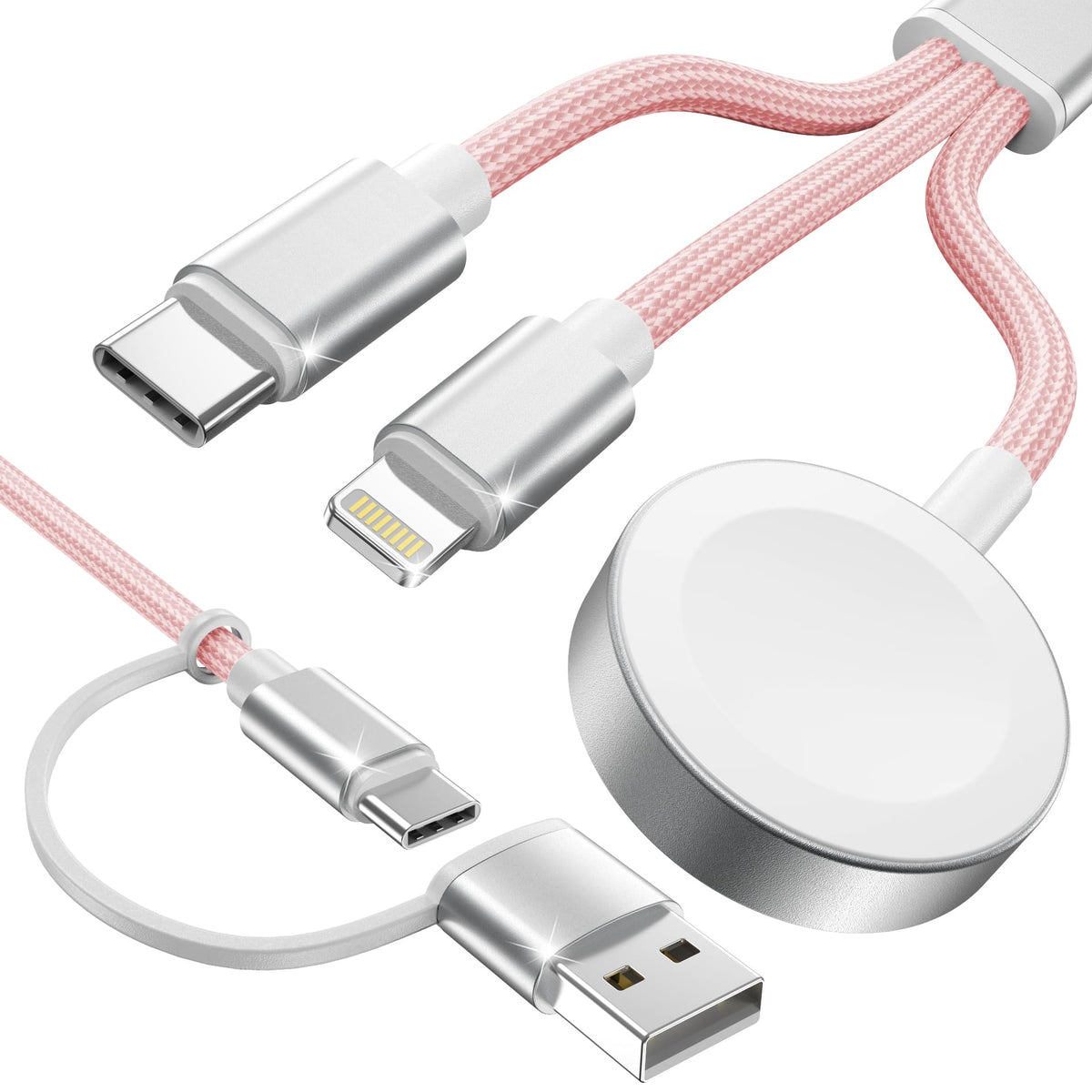 Amasuki 3-in-2 USB-C cable powering Apple Watch and iPhone on the go.