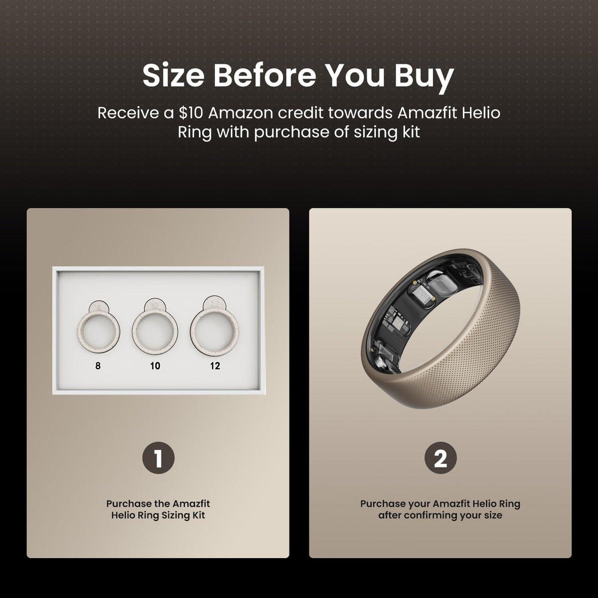 A Amazfit Helio Ring sizing kit on fingers demonstrates swelling during activity.