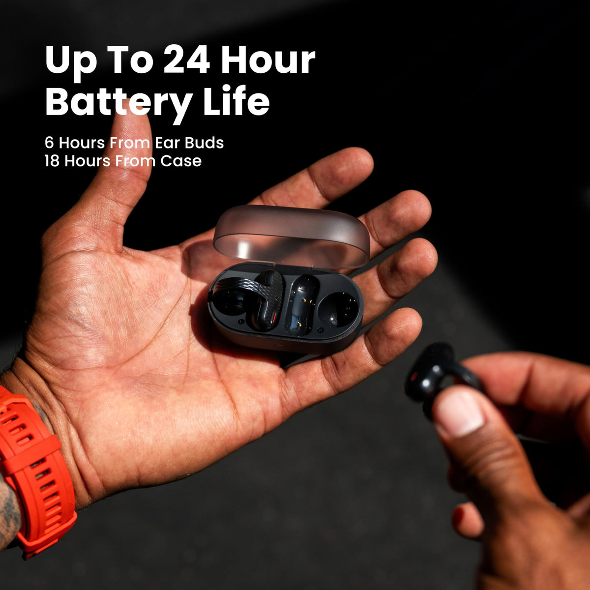 Amazfit Up open-ear side profile on model, comfortable secure fit visible during movement
