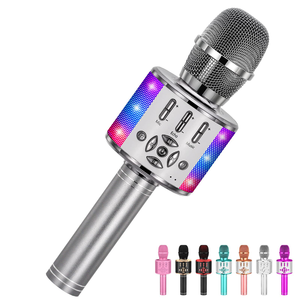 Amazmic front view showing gray handheld karaoke mic and speaker benefits clear playback
