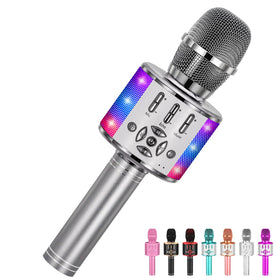 Amazmic front view showing gray handheld karaoke mic and speaker benefits clear playback