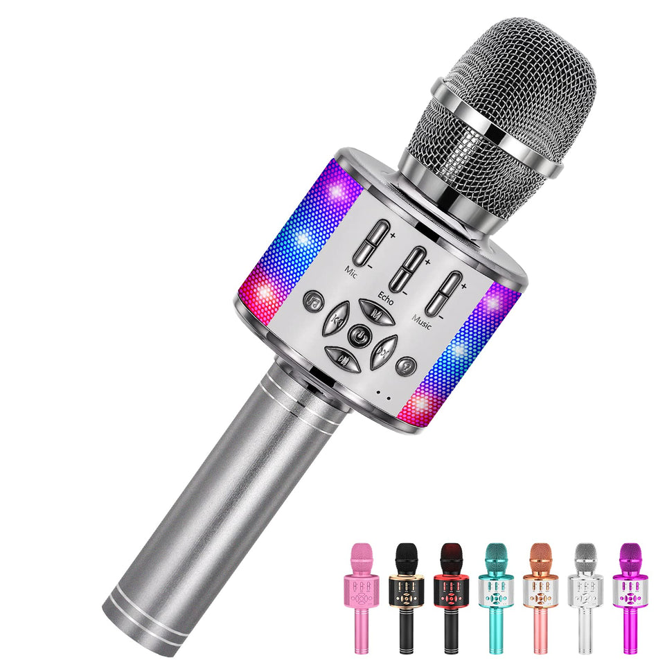 Amazmic front view showing gray handheld karaoke mic and speaker benefits clear playback
