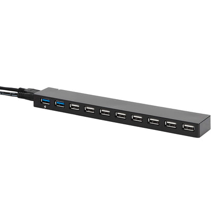 Amazon Basics 10-port hub front view showing ports and slim case for tidy desks