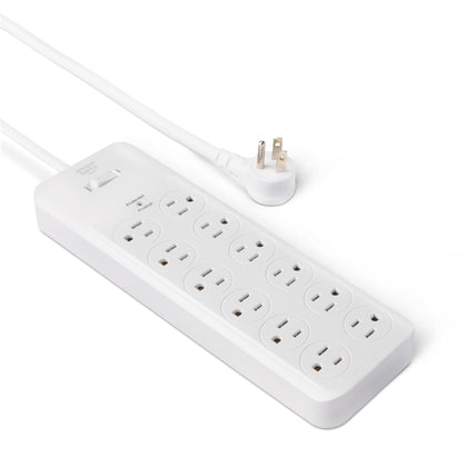 Amazon Basics 12-outlet surge protector powering multiple devices safely