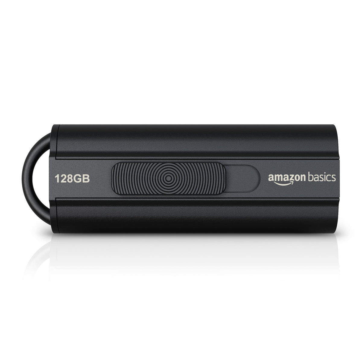 Amazon Basics front view of 128GB flash drive showing compact design and capacity benefit