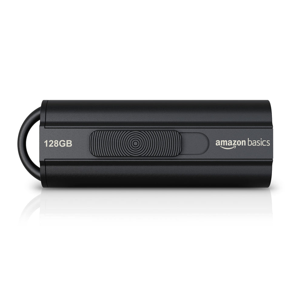 Amazon Basics front view of 128GB flash drive showing compact design and capacity benefit