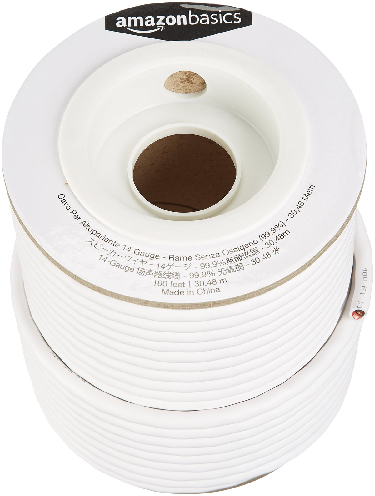 Amazon Basics close-up of oxygen-free copper conductor and insulation showing durability benefit