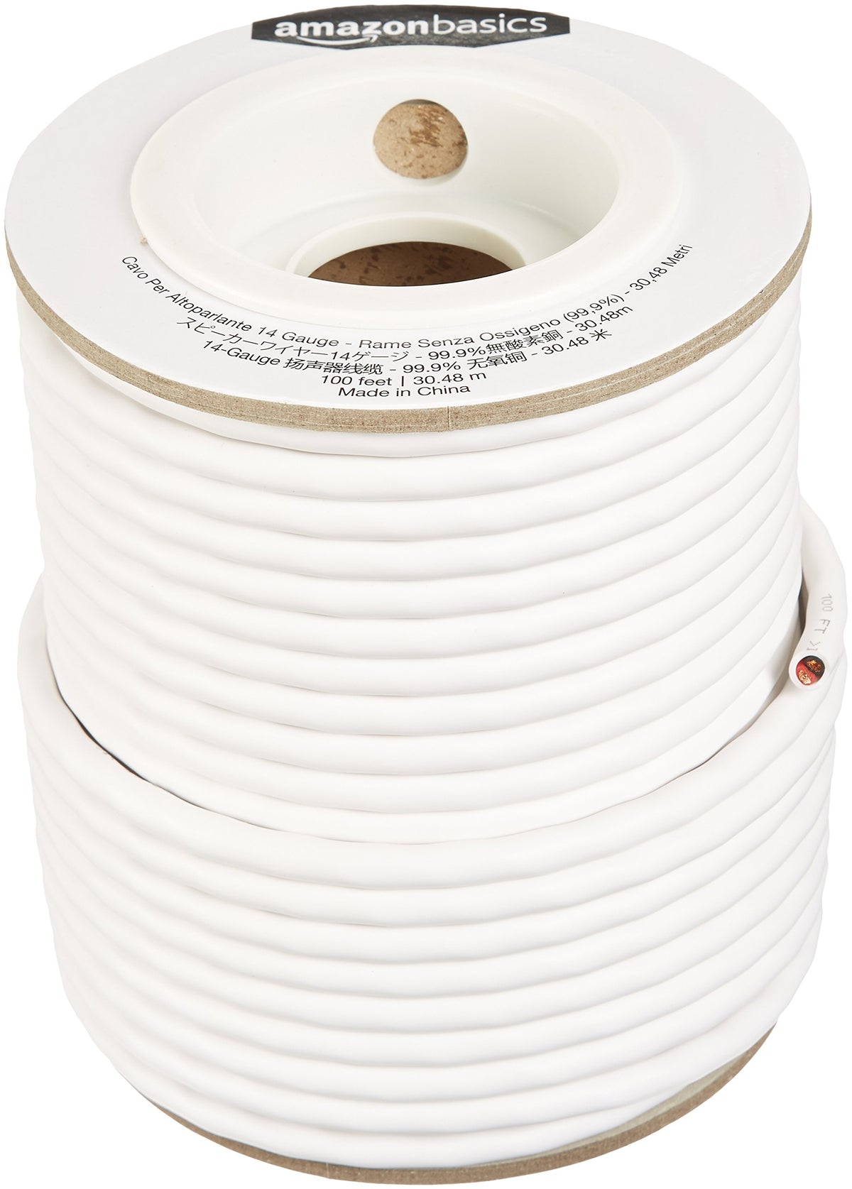 Amazon Basics front view of 14-gauge spool showing length and color coding for easy installation benefit