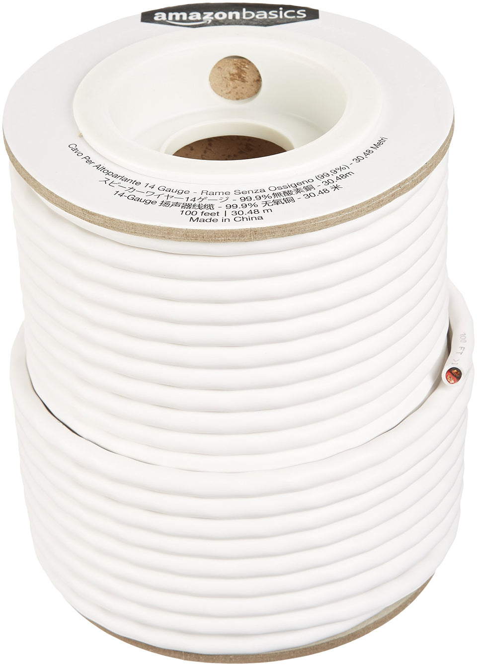 Amazon Basics front view of 14-gauge spool showing length and color coding for easy installation benefit