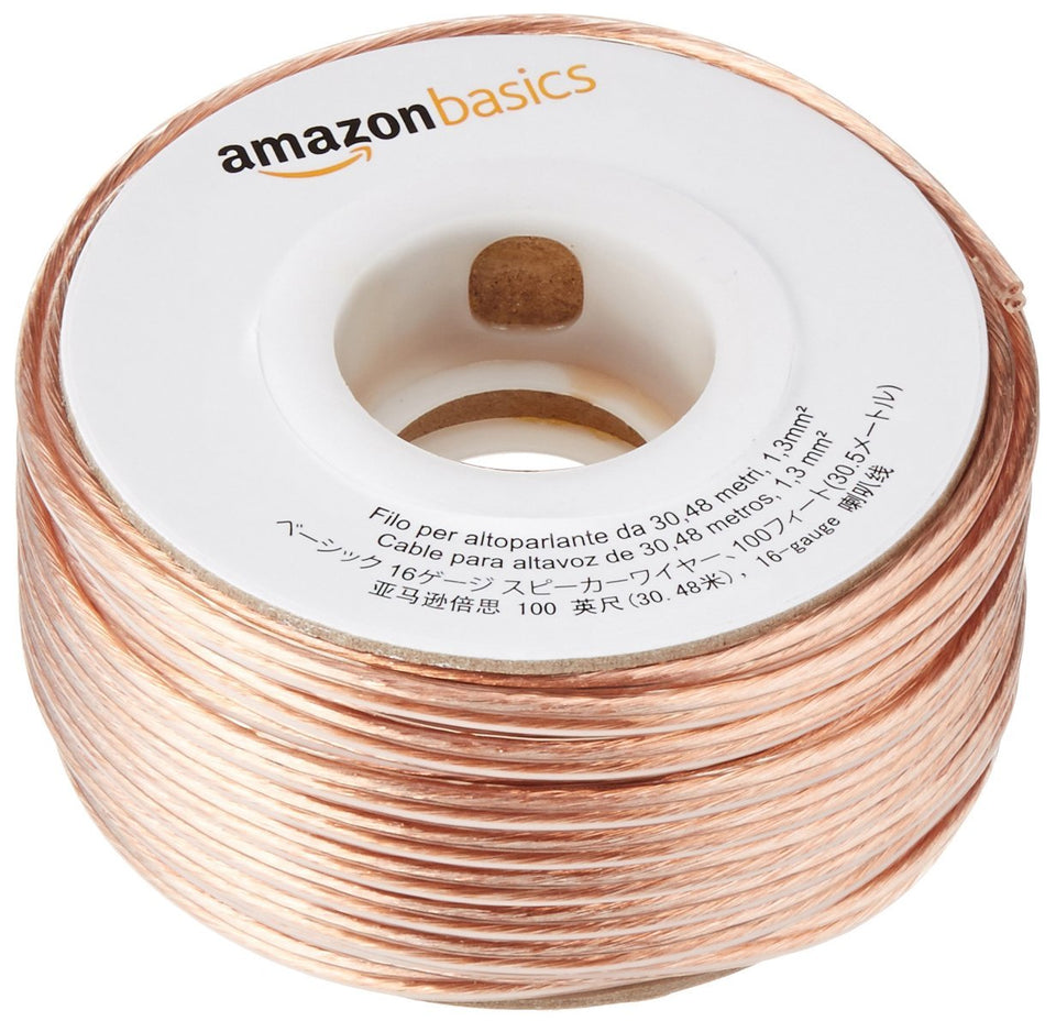 Amazon Basics 16-gauge speaker wire on a spool for easy dispensing.