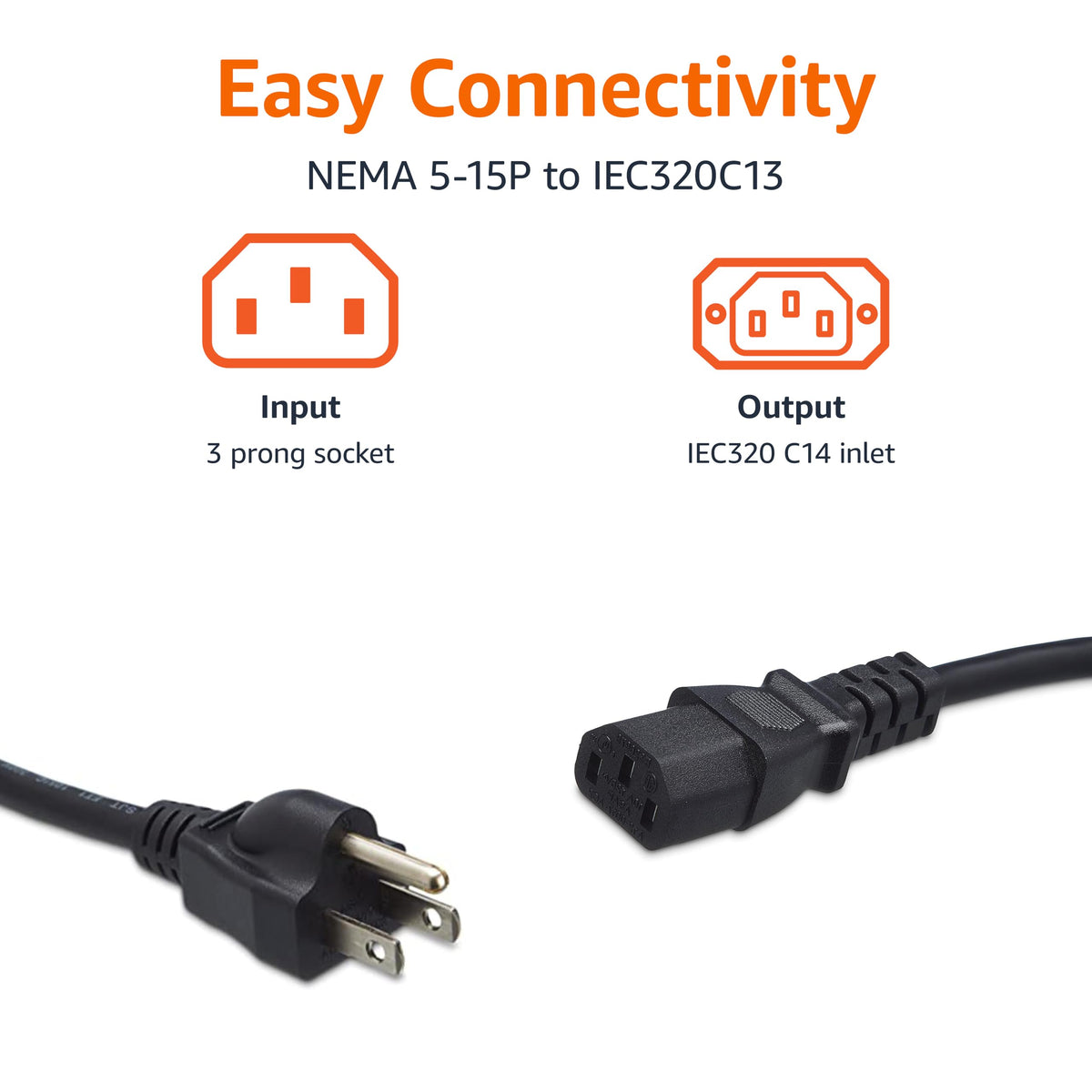 Amazon Basics 18 AWG power cable suitable for computers, printers, and peripherals