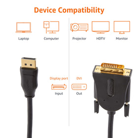 Amazon Basics 1920x1080p-capable DisplayPort to DVI cable for clear PC-to-monitor video