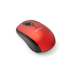 Amazon Basics wireless mouse in red, front view, smooth navigation on laptops and desktops.