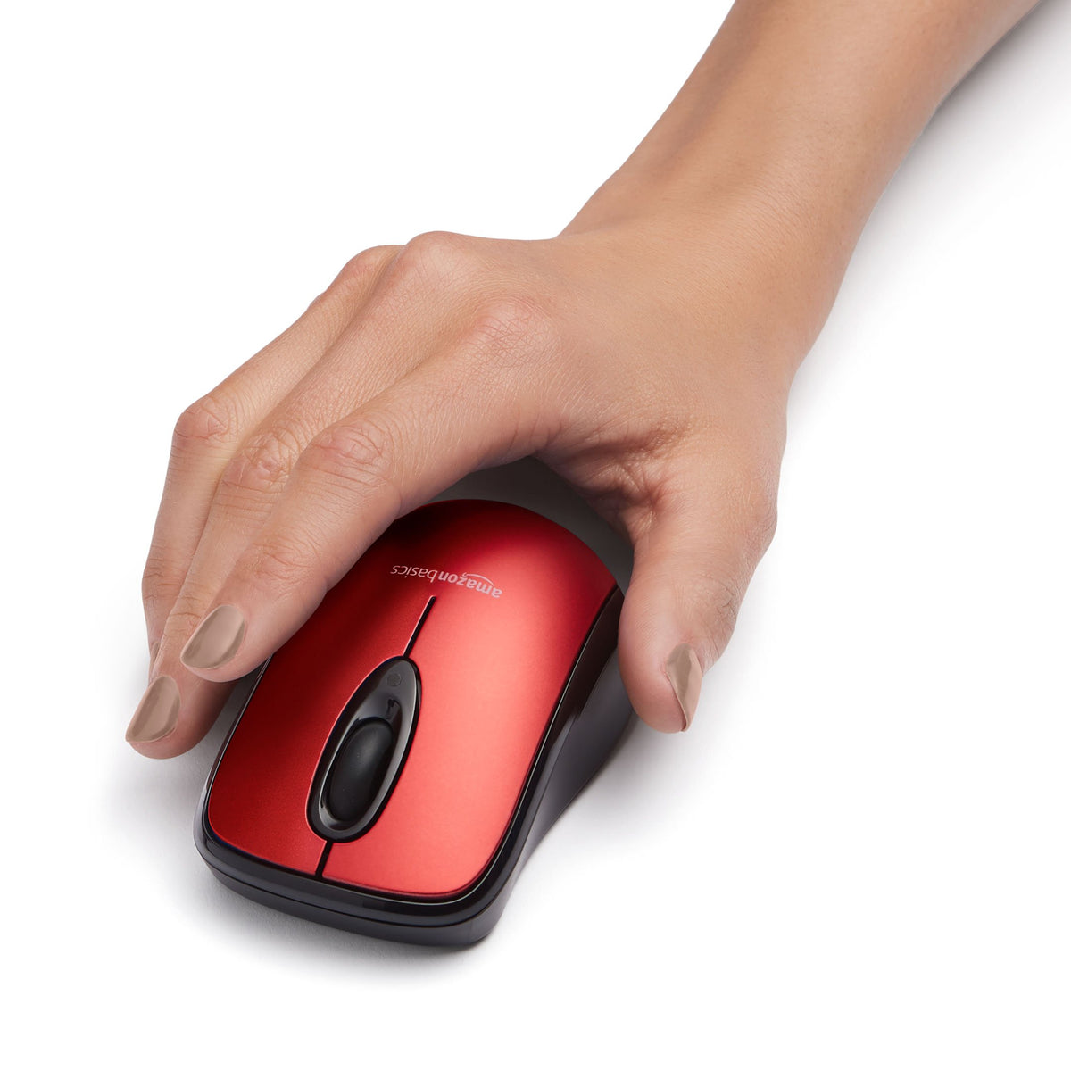 Amazon Basics red wireless mouse in use on a laptop, 2.4 GHz connection for reliable wireless use.