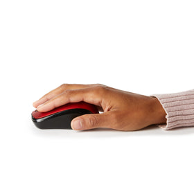 Amazon Basics red wireless mouse side view, ergonomic feel for long sessions.