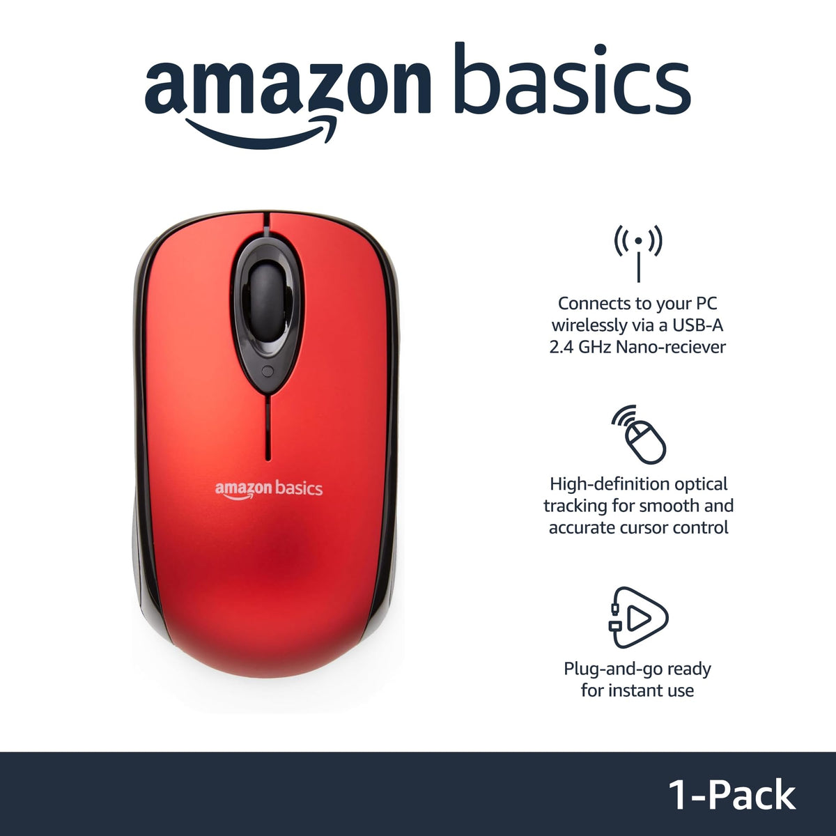 Amazon Basics red wireless mouse top view, designed for precise fingertip control during work.