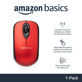 Amazon Basics red wireless mouse top view, designed for precise fingertip control during work.