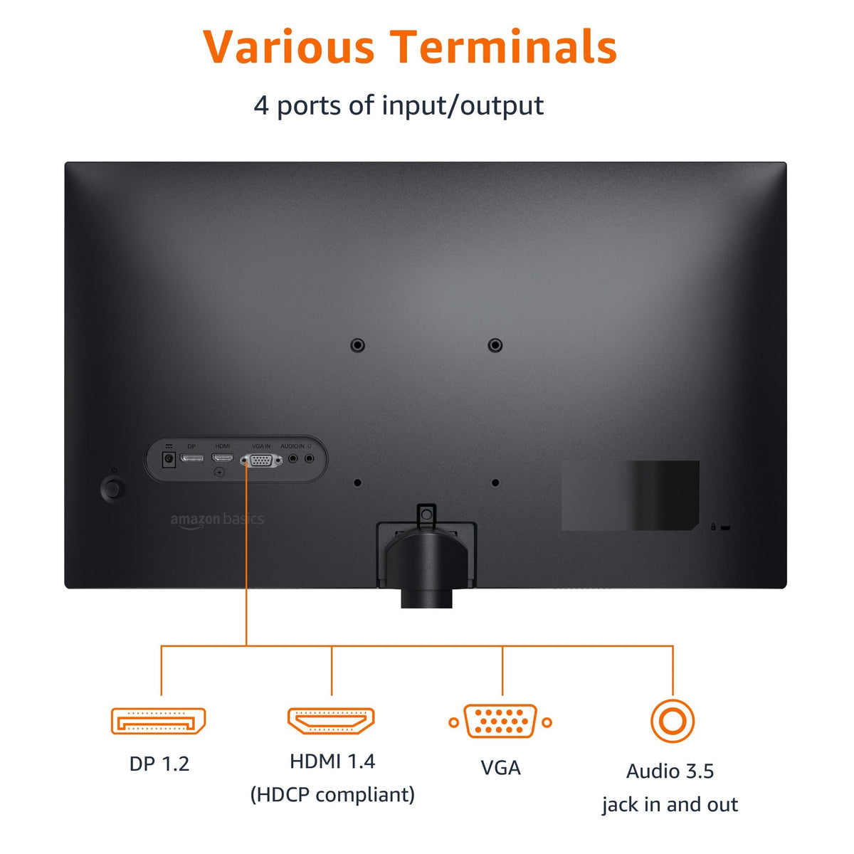 Amazon Basics 24-inch monitor back panel showing VESA compatibility for mounting