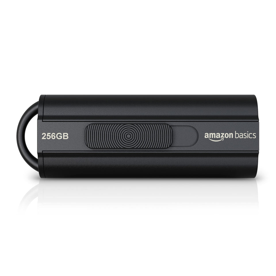 Amazon Basics front view of 256GB flash drive showing compact design and portability benefit