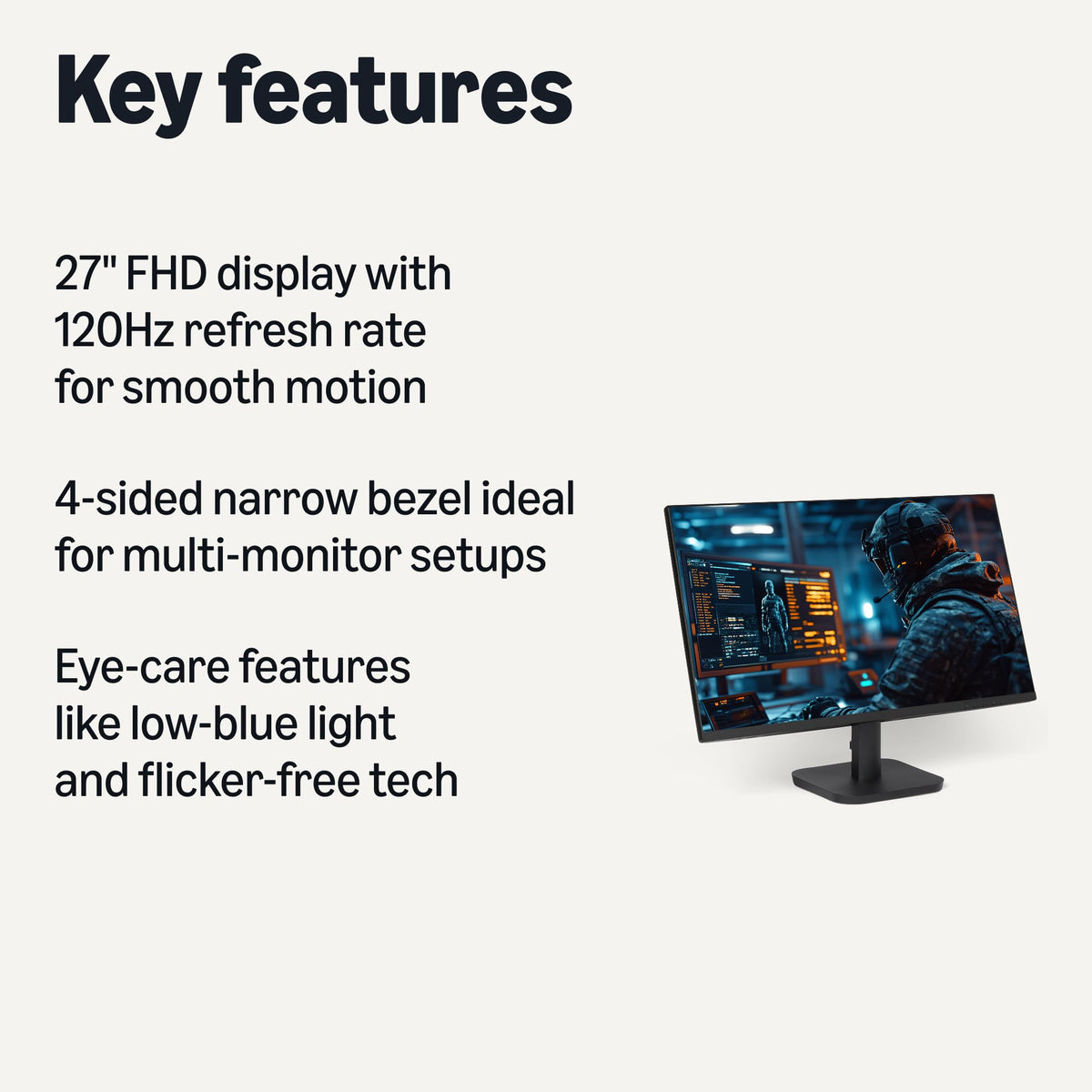 Amazon Basics 27-inch monitor on a tidy desk in a modern home office.