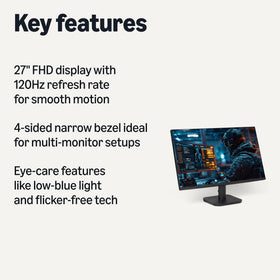 Amazon Basics 27-inch monitor on a tidy desk in a modern home office.