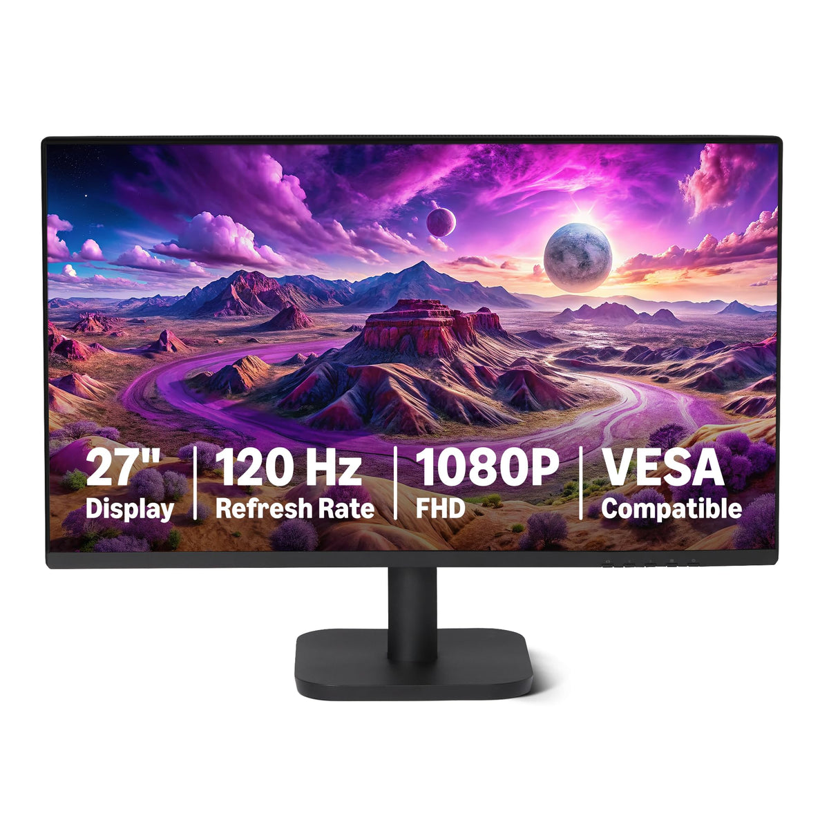 Amazon Basics 27-inch monitor front view with slim bezels for immersive setups.